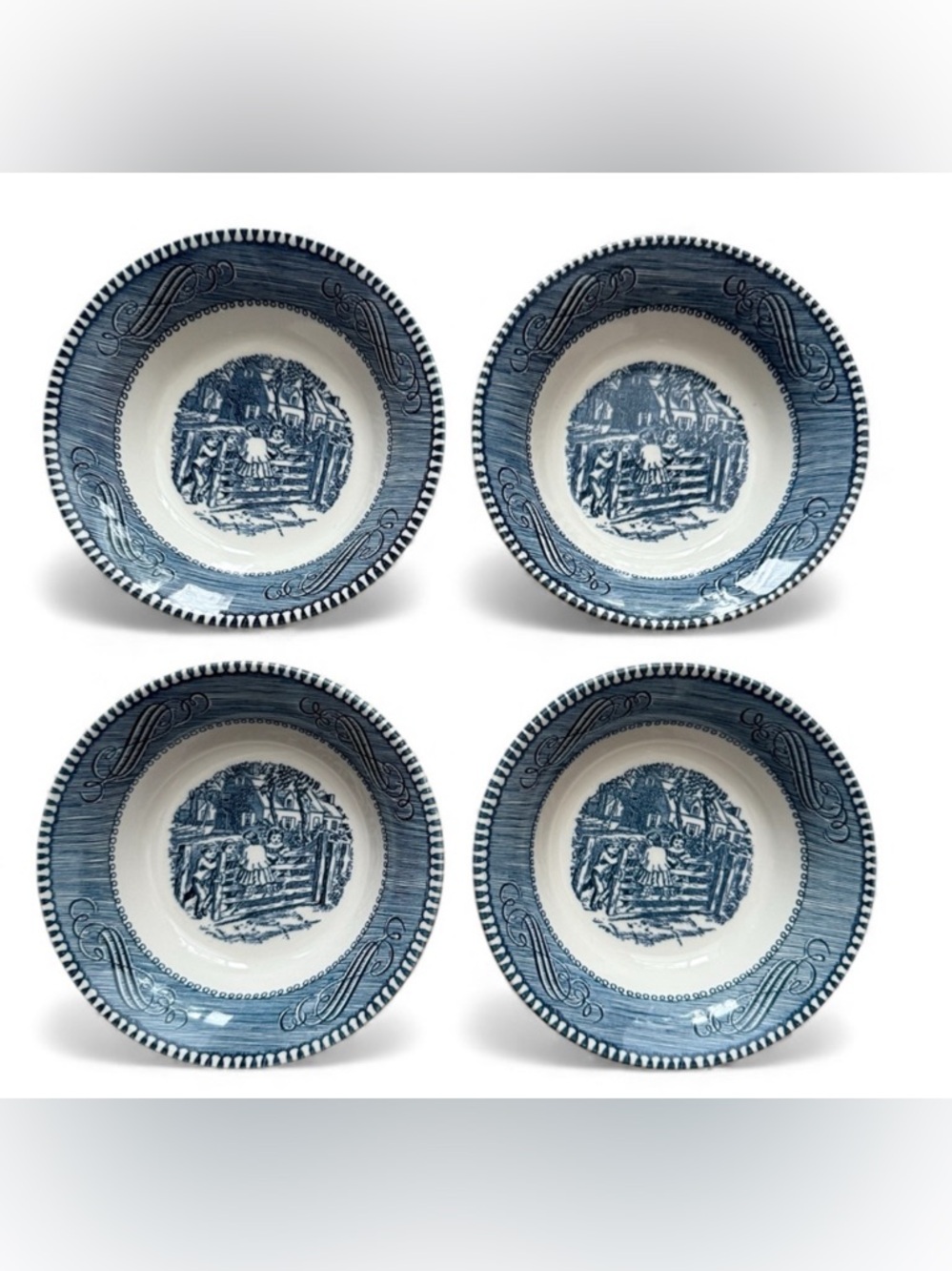 🌟CLEARANCE🌟 4 Royal China Currier & Ives Small Blue Bowls OLD FARMGATE USA